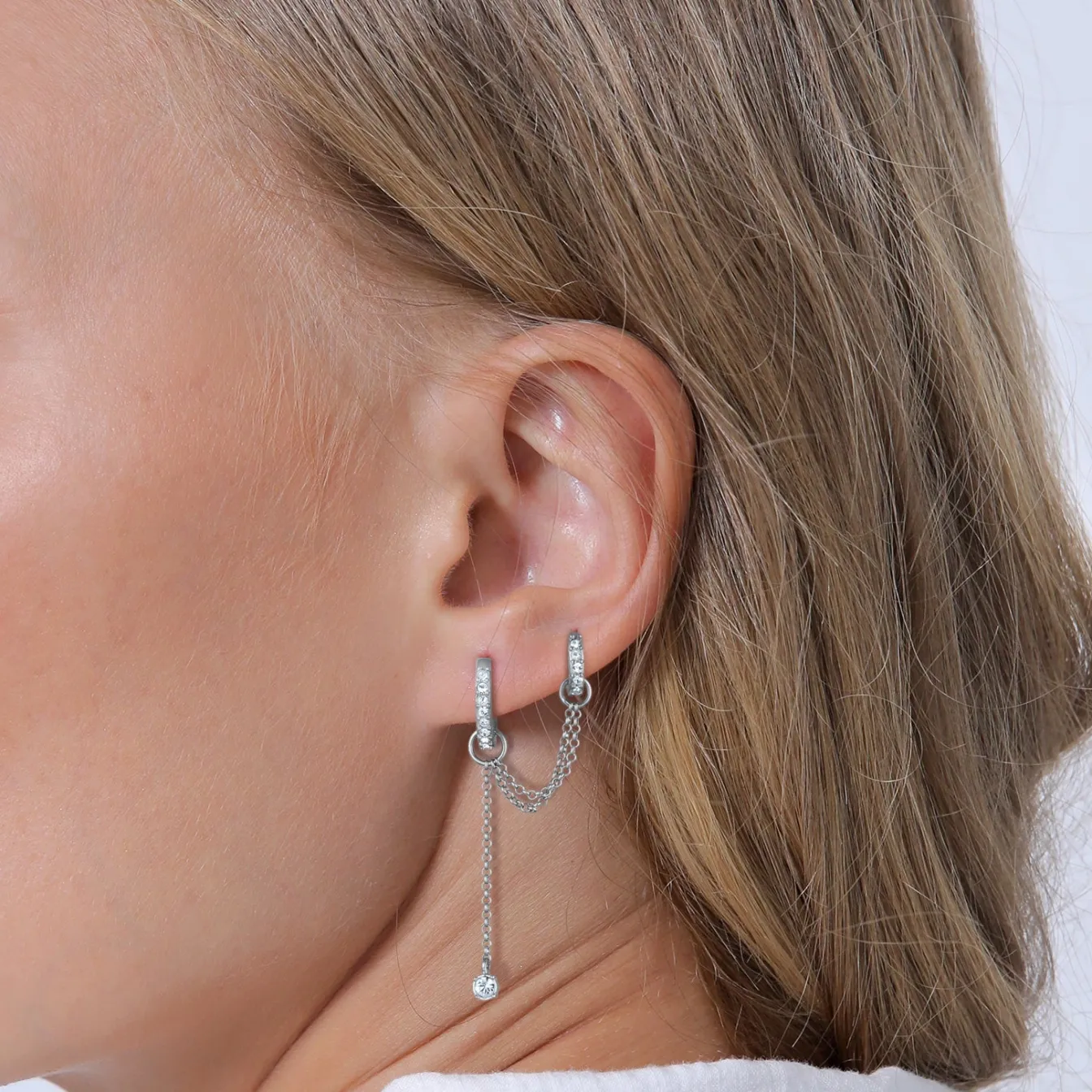 Elli "Creole Ear Chain | Glas Kristalle (Weiß)< Vergoldet|Ohrringe