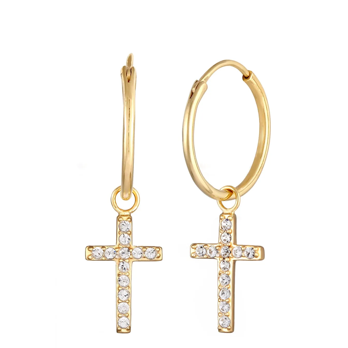 Elli "Creolen Anhänger Kreuz | Kristall (Weiß)< Vergoldet|Symbol-schmuck