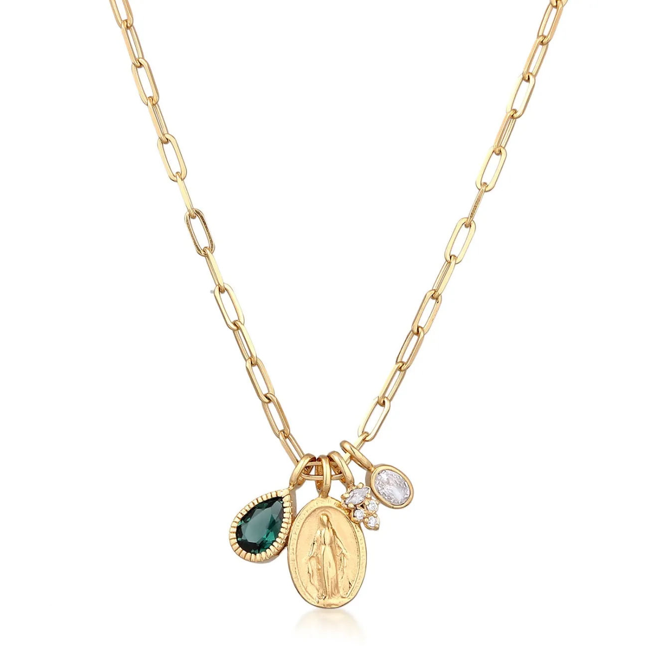 Elli "Halskette Marienbild | Quarz (Grün) Zirkonia (Weiß)< Vergoldet|Symbol-schmuck