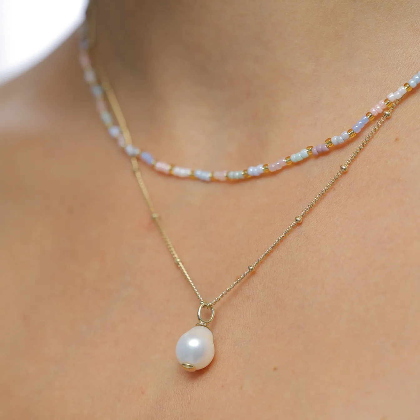 Elli "Layer-Halskette Glas Beads | Süßwasserperle< Silber|Perlen