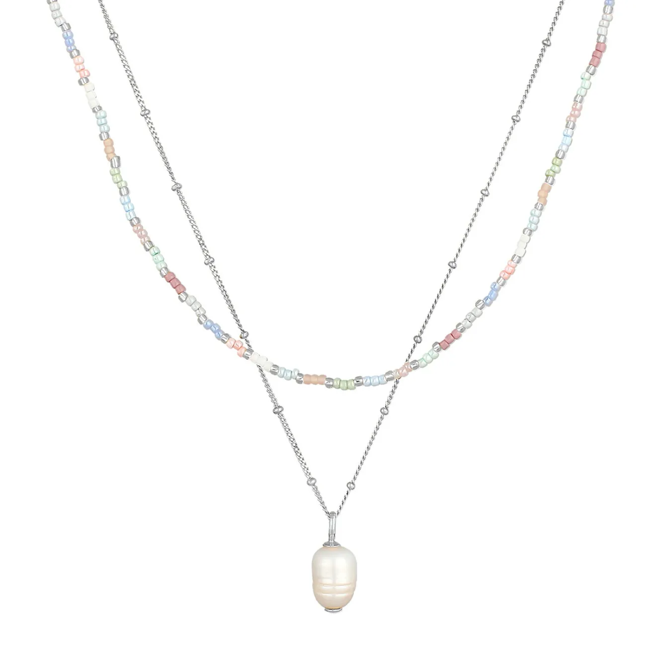 Elli "Layer-Halskette Glas Beads | Süßwasserperle< Silber|Perlen