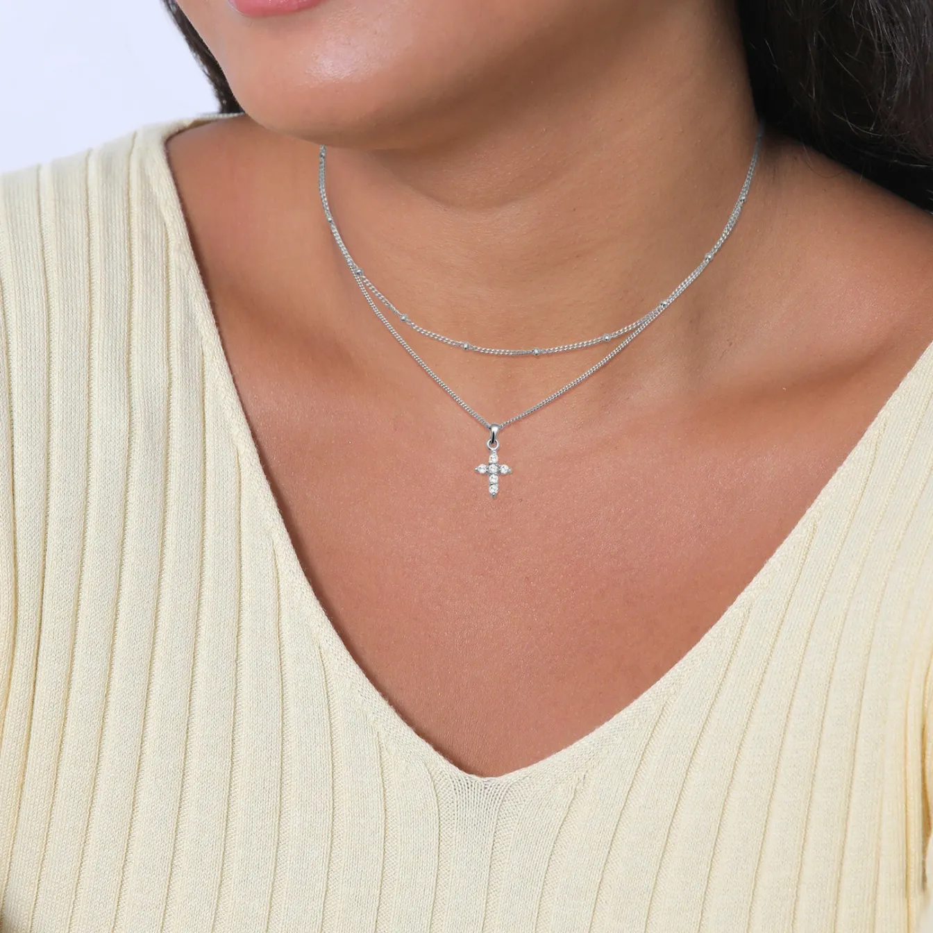 Elli "Layer-Halskette Kreuz | Zirkonia (Weiß)< Roségold|Symbol-schmuck