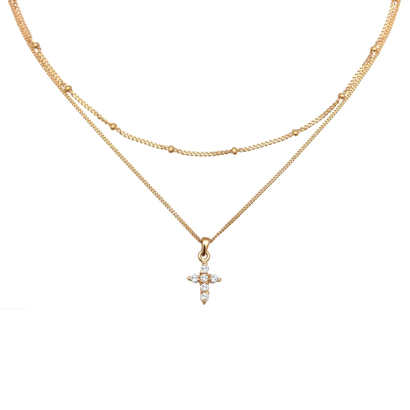 Elli "Layer-Halskette Kreuz | Zirkonia (Weiß)< Roségold|Symbol-schmuck