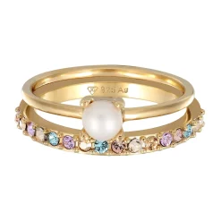 Elli "Ringset | Glaskristalle (Bunt) & Süßwasserzuchtperle< Vergoldet|Perlen