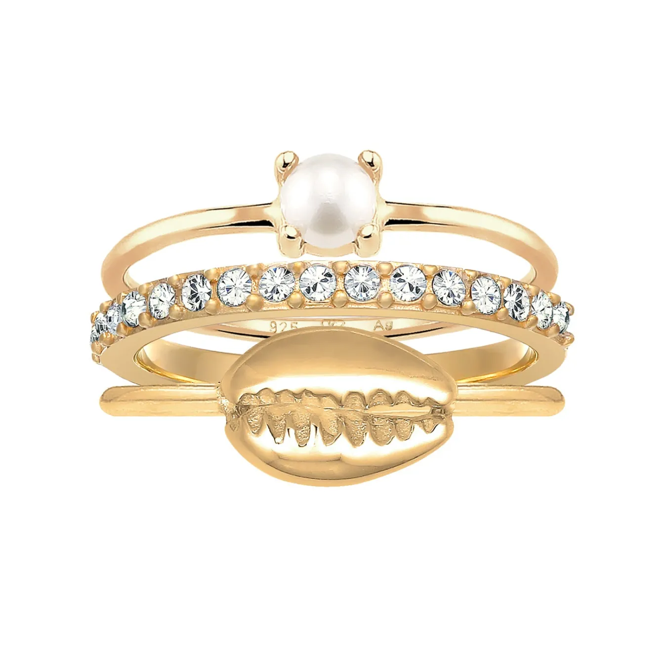 Elli "Ringset Kauri Muschel | Süßwasserperle, Kristalle (Weiß)< Perlen|Ringe