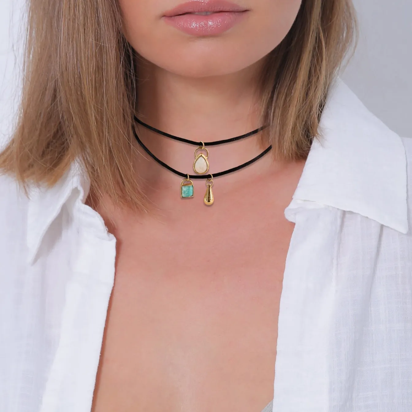 Elli "Satin-Halskette | Amazonit (Blau) & Mondstein (Weiß)< Vergoldet|Halsketten
