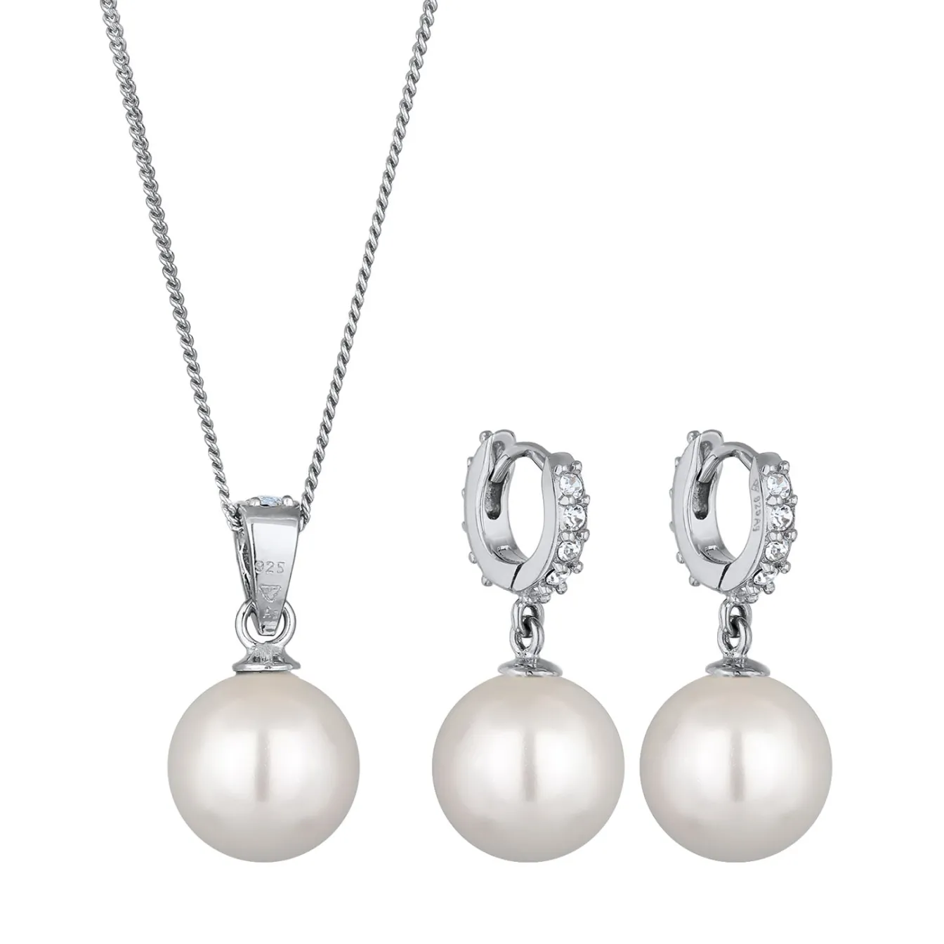 Elli "Schmuckset | Muschelkernperlen & Glas Kristalle (Weiß)< Vergoldet|Schmucksets