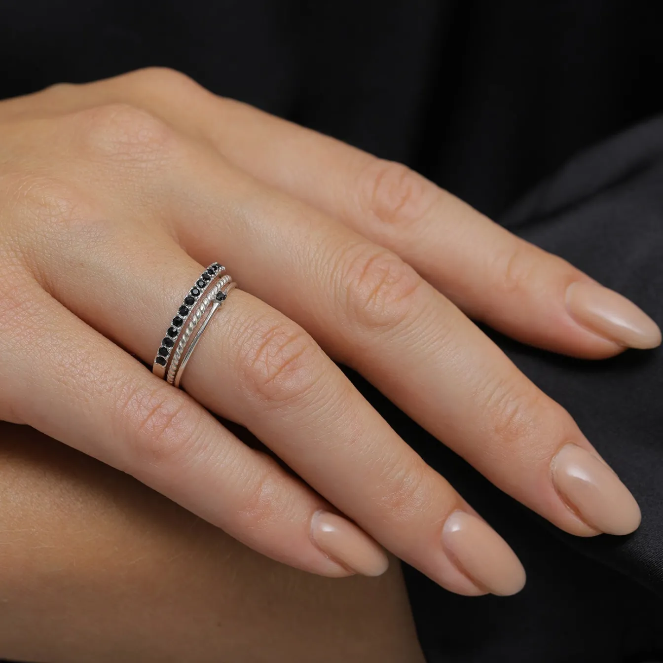 Elli "Stapelring 3er Set | Kristalle (Schwarz)< Ringe|Vergoldet